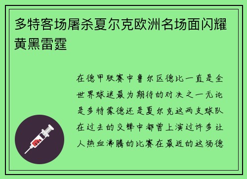 多特客场屠杀夏尔克欧洲名场面闪耀黄黑雷霆