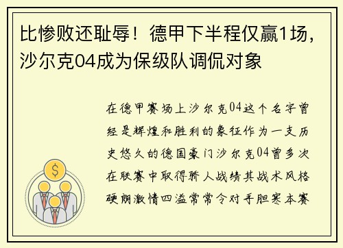 比惨败还耻辱！德甲下半程仅赢1场，沙尔克04成为保级队调侃对象