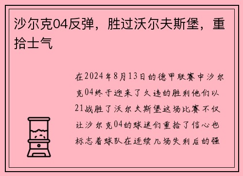 沙尔克04反弹，胜过沃尔夫斯堡，重拾士气