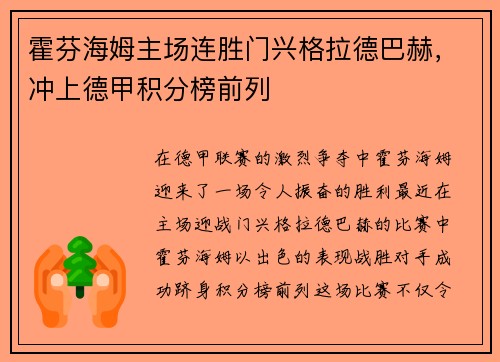 霍芬海姆主场连胜门兴格拉德巴赫，冲上德甲积分榜前列