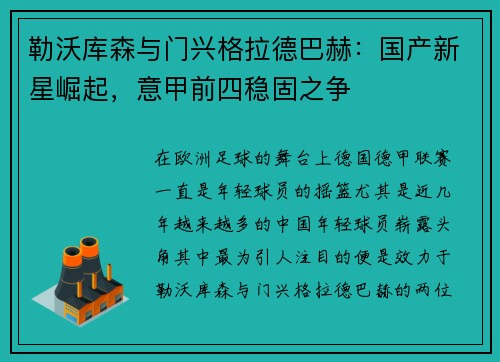 勒沃库森与门兴格拉德巴赫：国产新星崛起，意甲前四稳固之争