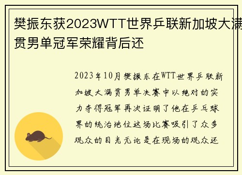 樊振东获2023WTT世界乒联新加坡大满贯男单冠军荣耀背后还