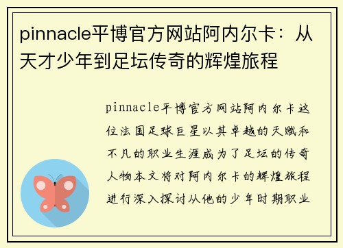 pinnacle平博官方网站阿内尔卡：从天才少年到足坛传奇的辉煌旅程